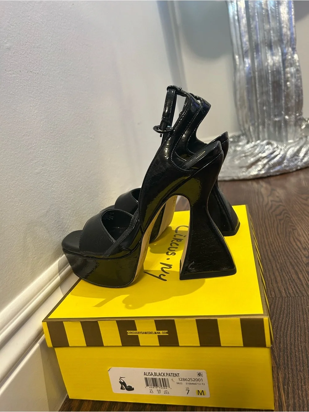Sam Edelman Black Patent Platform Sandals with Sculpted Block Heels